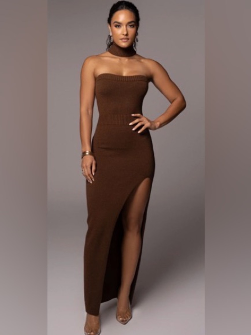 JLUXLABEL Strapless Brown Knit Maxi Dress with High Thigh Slit